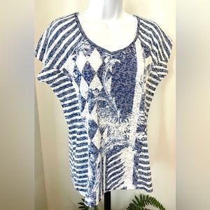 New Directions Crew Neck Blue&White Stud Top Size Medium